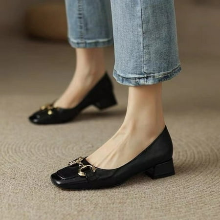 

2023 Women Pumps PU Decoration Ladies Square Heel Single Shoes Retro Square Toe Casual Zapatos Mujer Primavera Verano Heels