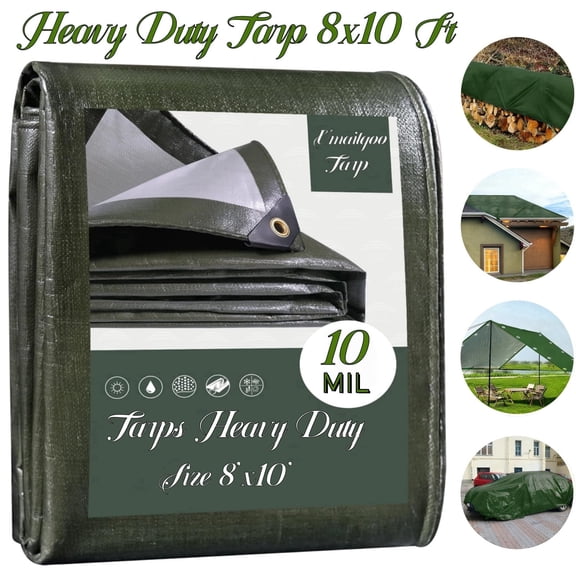 8x10 Feet Waterproof Green Tarp 10 Mil Thick, Multipurpose Protective Cover for Emergency Rain Shelter Camping Tarpaulin