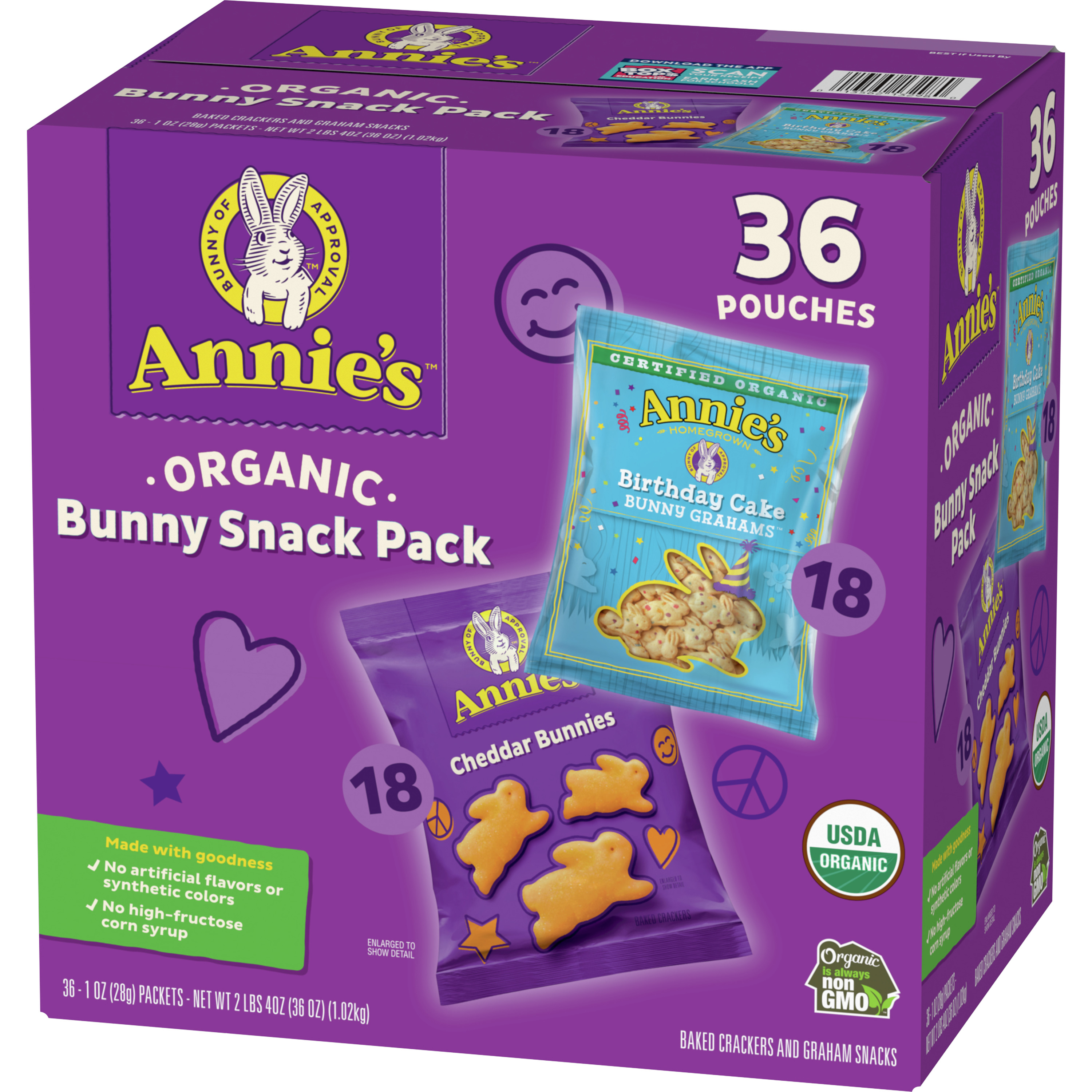 Annie's Organic Birthday Cake Bunny Grahams and Cheddar Bunnies Snack Pack 36 Count, 36 oz