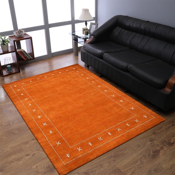 Rugsotic Carpets Hand Knotted Wool Area Rug 3'x5' Orange Contemporary Rectangle Indoor Rug for Living Room, Bedroom Antimicrobial L00520
