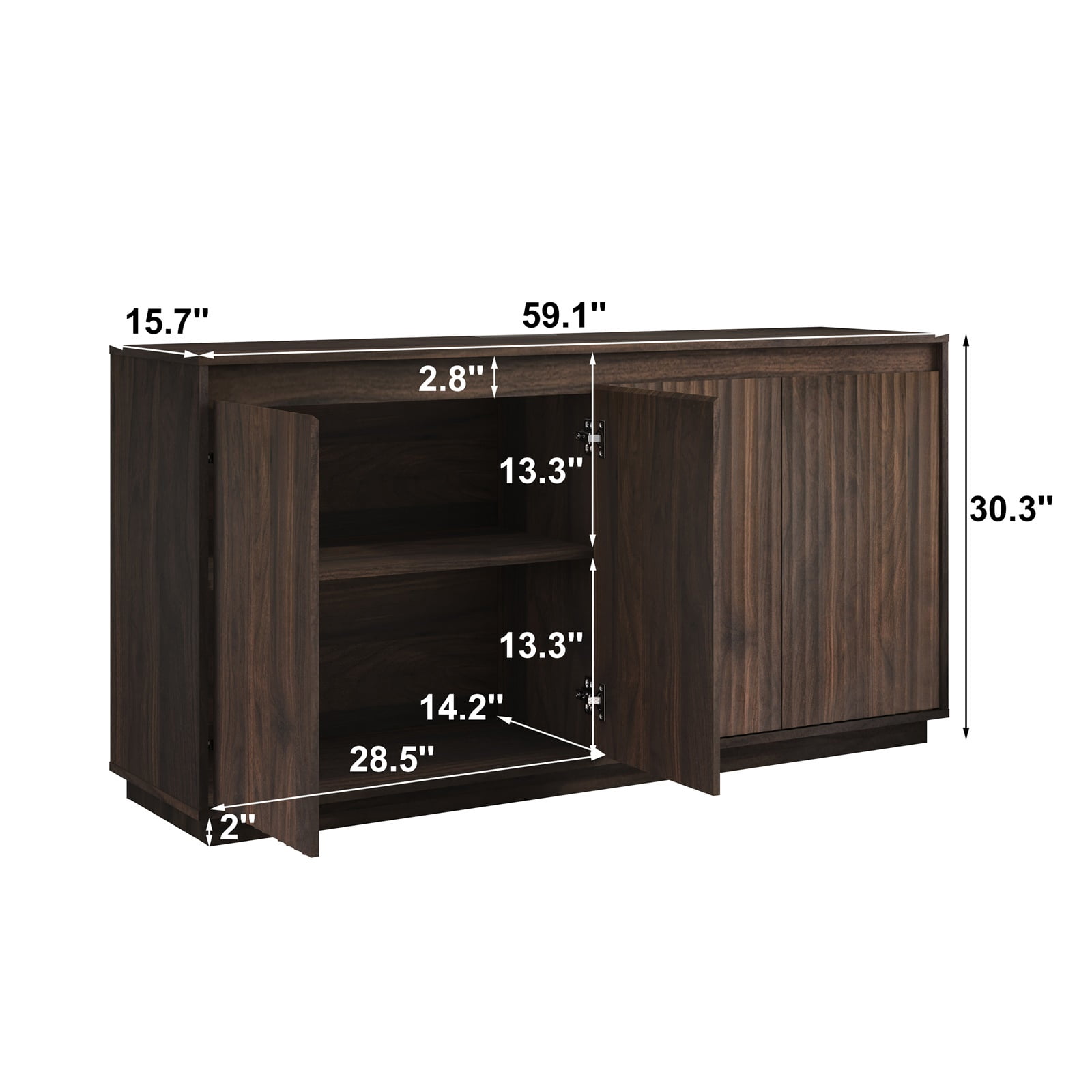 Hommoo Wood Sideboard Buffet Cabinet with Power Outlet, Wavy Vertical Texture Accent Cabinet, Multifunctional 2-Tier Storage Cabinet Credenza for Home, Office, Walnut