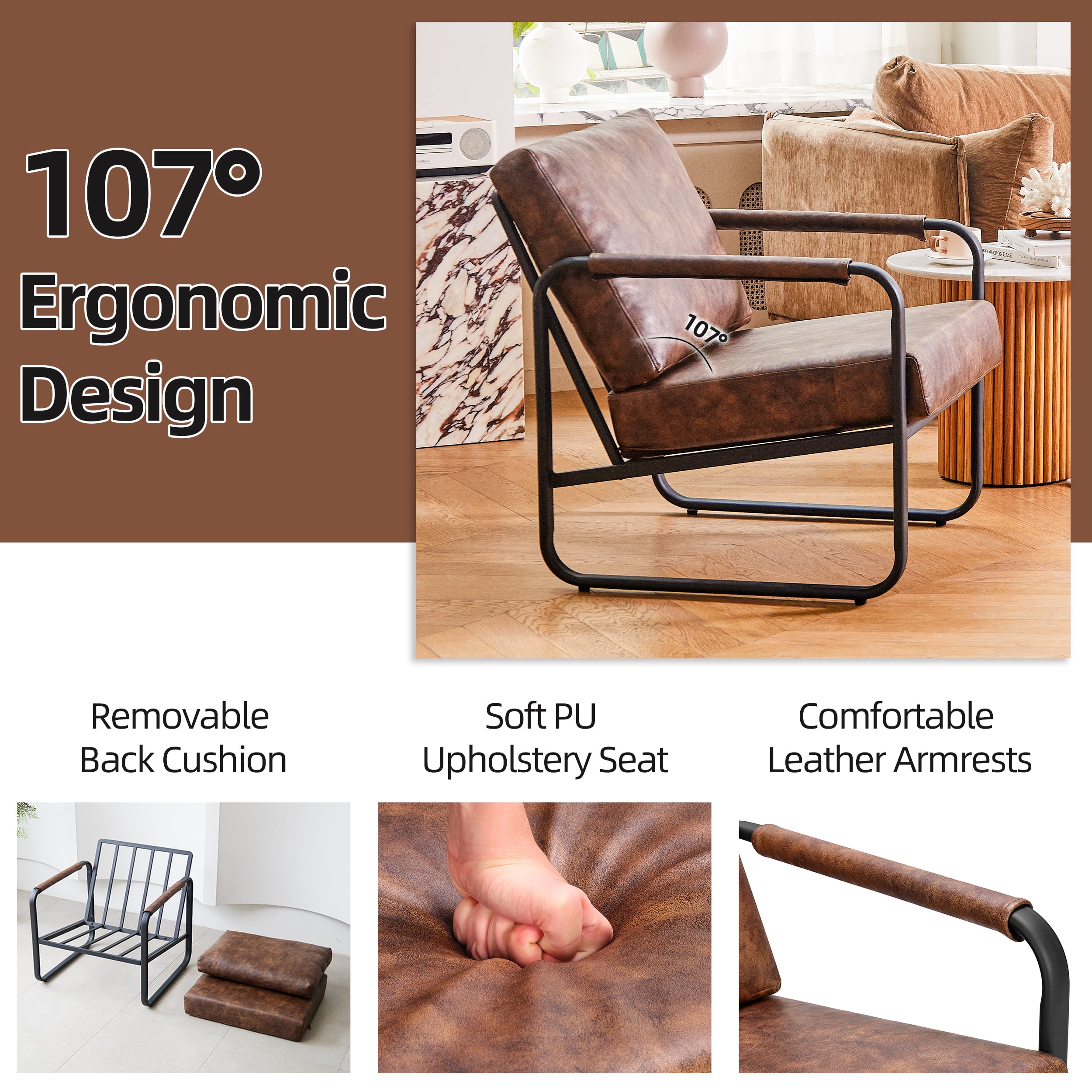 Mid-Century Accent Chair Set of 2 PU Leather Armchair, Retro Accent Chair with Metal Frame Sofa Chair Lounge for Living Room, Brown