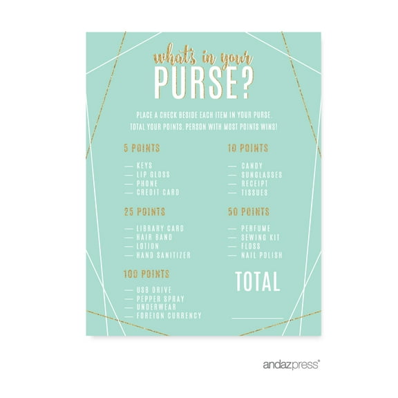 Signature Light Aqua, White, Gold Glittering Party, What's in Your Purse Game Activity Cards, 20-Pack