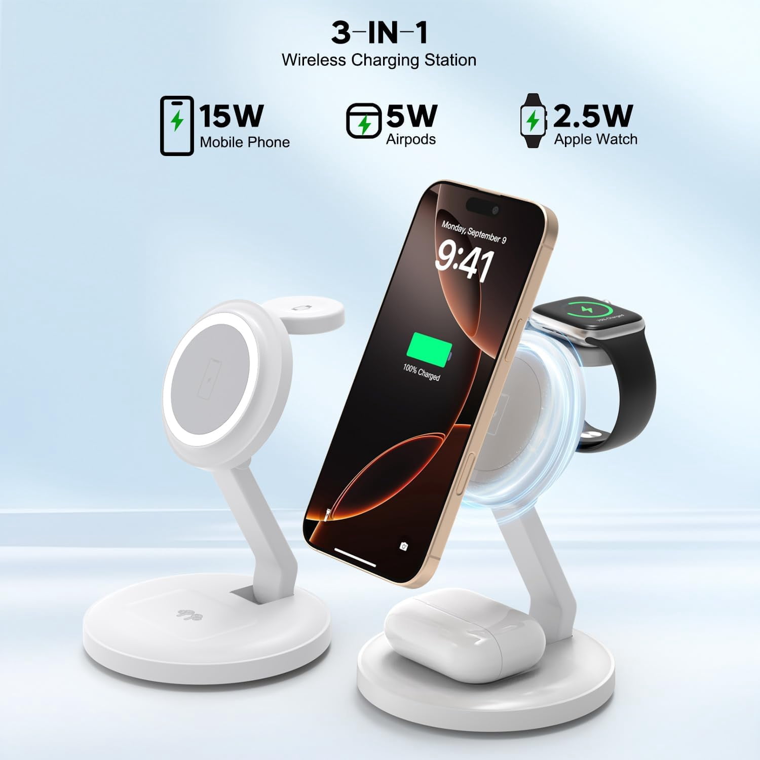 Wireless Charger, 3-in-1 Magnetic Wireless Charging Station Compatible with iPhone 17 16 15 14 13 12 Series, AirPods and iWatch Series - Foldable (White)