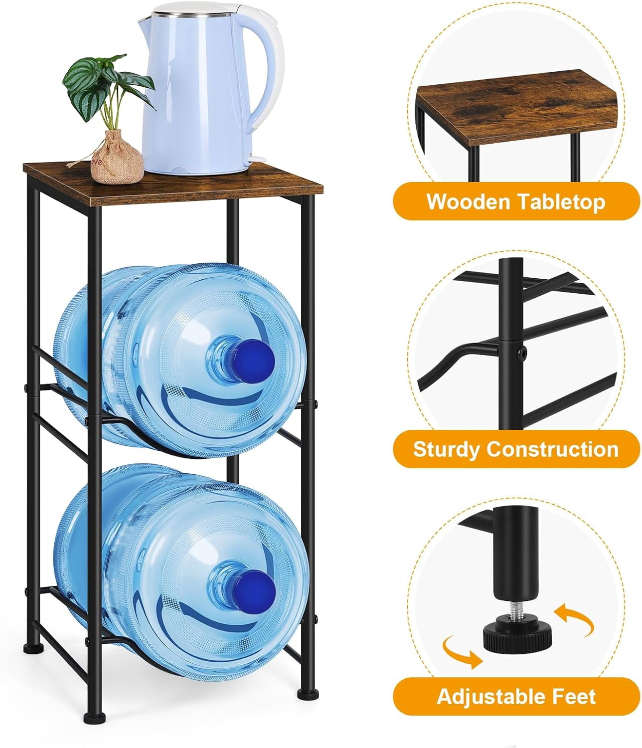 Water Bottle Holder Organizer 5 Gallon Water Jug Holder with Top Shelves 2 Tier Water Cooler Jug Storage Rack Heavy Duty Water Dispenser Stand for 5 Gallon Bottle Kitchen Office Living Room Brown