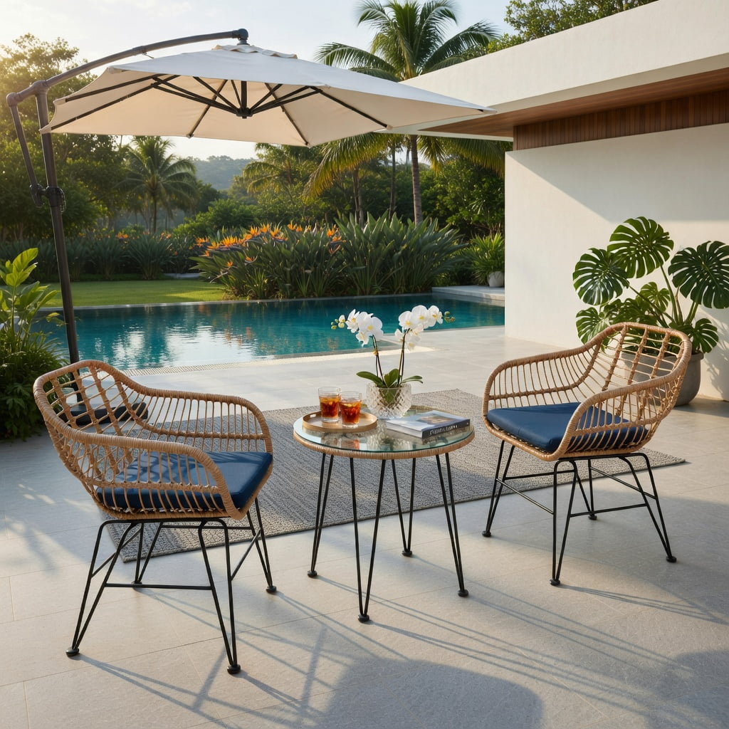 Hommoo 3-Piece Outdoor Rattan Patio Furniture Set, 2 Cushioned Chairs + Tempered Glass Coffee Table, Navy