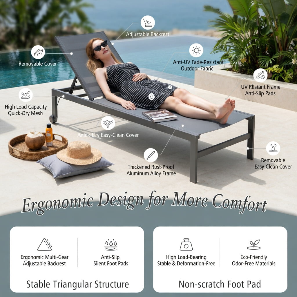 Hommoo 6-Position Adjustable Aluminum Chaise Lounge Chair, Rustproof, Lightweight, Flat-Lay Design for Patio, Poolside & Backyard, Gray