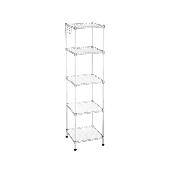 SONGMICS 5-Tier Bathroom Shelf, Storage Rack for Small Space, with 5 PP Shelf Liners, Removable Hook, Extendable Design, Silver and Translucent