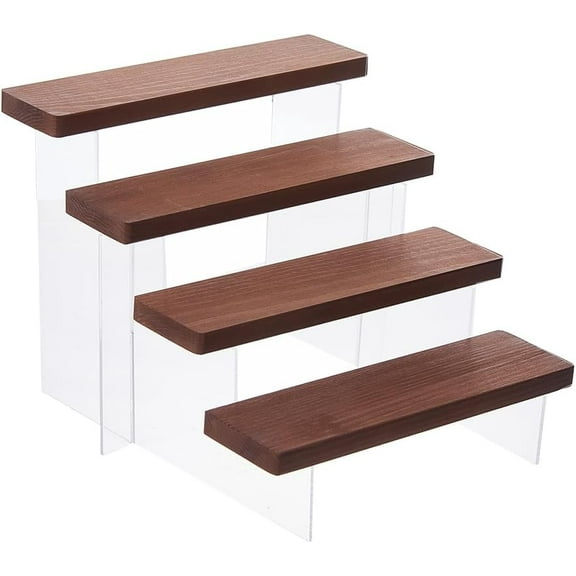4 Tier Wood Acrylic Display Stand Riser Display Shelves Spice Rack Organizer Cupcake Stand Holder Camel Perfume Organizer for Figures Dolls Collectibles Cabinet for DIY