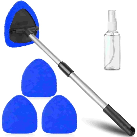 TVTUTPWY Windshield Scrubber, Car Windshield Cleaner Tool Inside with 4 Reusable and Washable Microfiber Cleaning Pads and Extendable Handle Auto Glass Wiper Kit for Car Cleaning, Blue