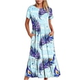 thumbnail image 2 of Jusqu'à 65 % de Réduction! Robes de Mode d'Été pour Femmes 2024 Grande Taille Robe Décontractée à Manches Courtes Col Rond Robe Décontractée Fluide à Étages Maxi Robe de Plage avec Poches Robe Imprimée Plume, 2 of 6