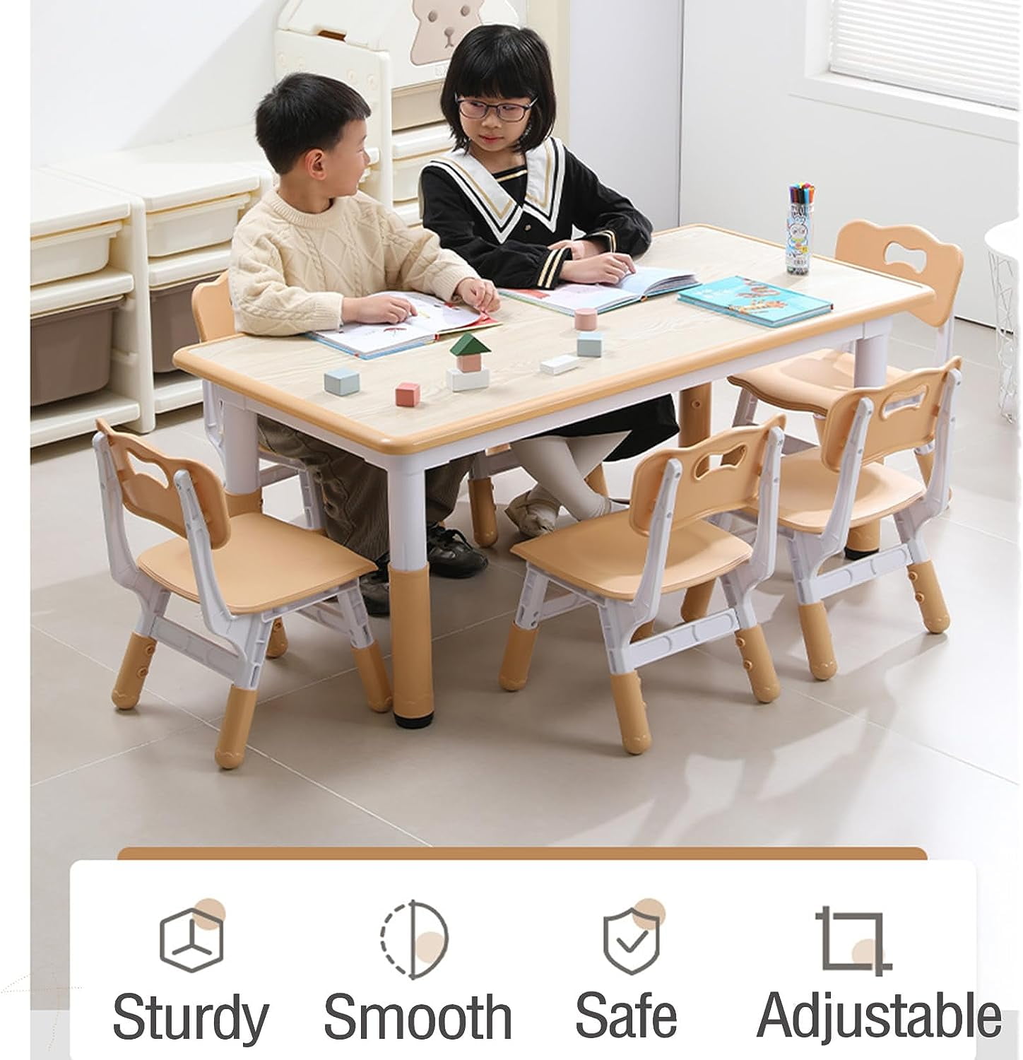 EastVita Kids Table and Chairs Set of 7, Height Adjustable Desk with 6 Seats,Arts & Crafts Table,Graffiti Desktop, Non-Slip Legs, Children Multi-Activity Table
