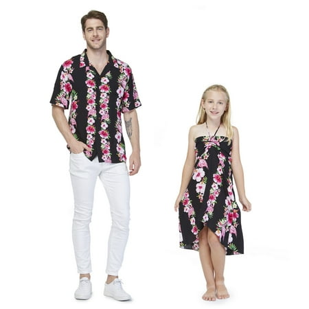 Matching Father Daughter Hawaiian Luau Cruise Outfit Shirt Dress Pink Black Hibiscus Vine Men 2XL Girl