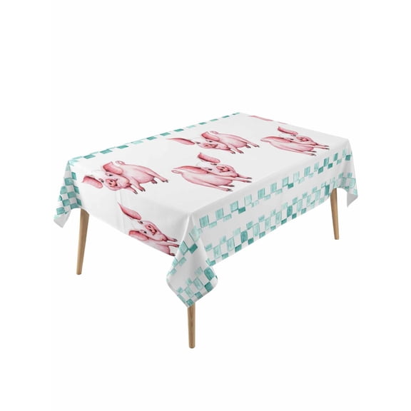 Green Plaid Farmhouse Table Cloth, Waterproof Tablecloth for Rectangle Tables, Watercolor Cute Country Pigs Checkered Reusable Washable Fabric Table Cover for Restaurant Kitchen Dining 60"x120"