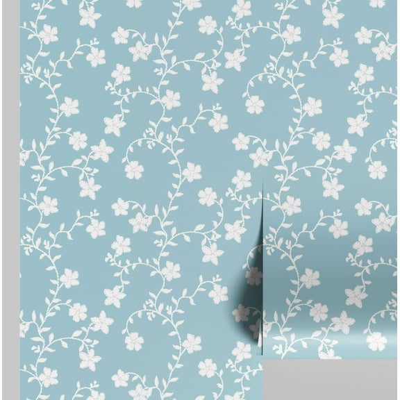 S4Sassy Peel & Stick Wall Covering, Dainty Blossom Vine Removable Walls Wrap - Blue Instant Wall Makeover Mural for Bathroom, Laundry Room, Closet Interior - Self-Adhesive Wallpaper Vinyl - 25"x120"