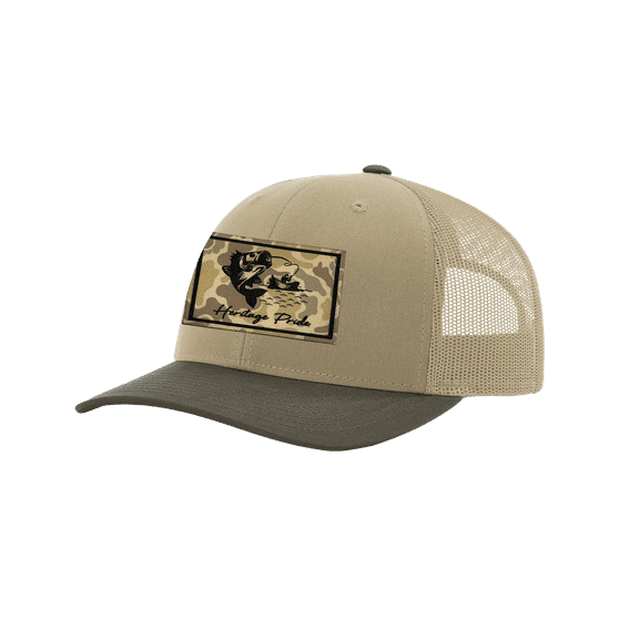 Heritage Pride Men's Hunting Trucker Hat - Hooked Trout Fishing Camo Leather Patch Mesh Back Trucker Hat, Khaki/Chocolate Chip/Khaki