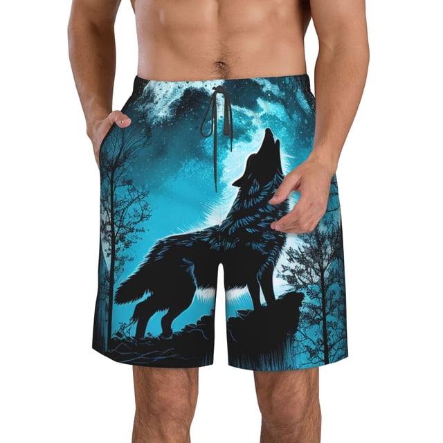 Balery Blue Full Moon Wolf Traje de Baño Estilo Hawaiano para Hombre, Shorts de Secado Rápido con Bolsillos-X-Large