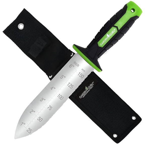 Garden Guru Hori Hori Garden Knife with Ergonomic Handle for Weeding, Digging, Pruning & Cultivating, Stainless Steel Blade with Serrated Edge & Depth Markings for Measuring Planting Depth