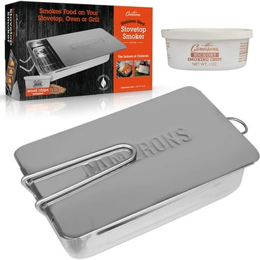 Camerons Gourmet Mini Stovetop Smoker - Stainless Steel BBQ Smoker Box w/Wood Chips & Recipes - Indoor & Outdoor Use on Any Heat for Smoking Meats, Veggies & Seafood - Grilling Gift for Father's Day