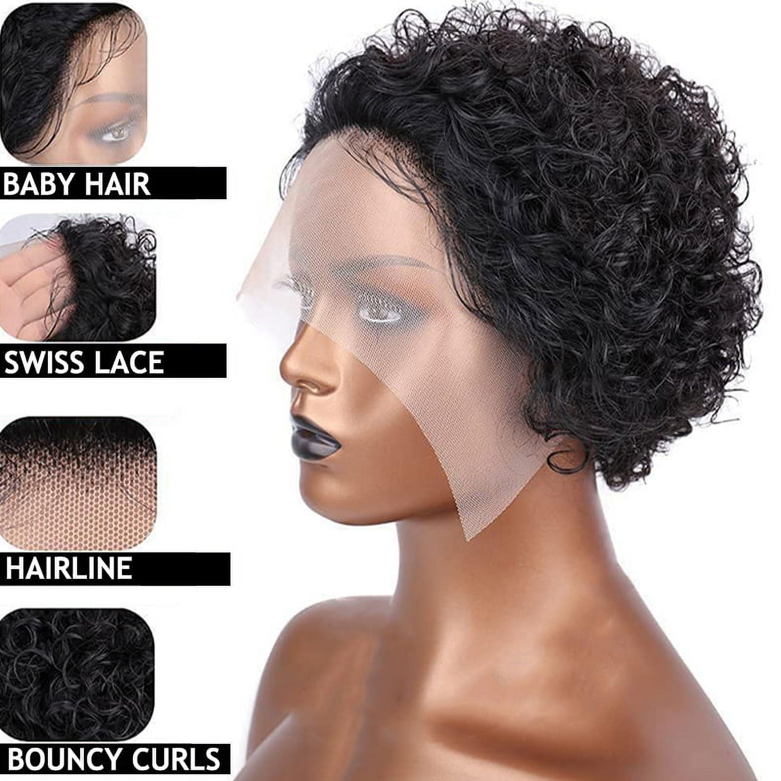 Short Pixie Cut Wigs for Women 6 Inch 13x1 Lace Front Human Hair Wigs Remy Brazilian Curly Wigs Transparent Lace Natural Black