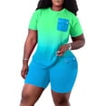 thumbnail image 1 of Fashnice Ensemble de Jogging pour Femmes Col Rond Ensemble de Détente Taille Élastique Deux Pièces Tenue Décontractée Gym T-Shirts+Shorts Dégradé Vert P, 1 of 2