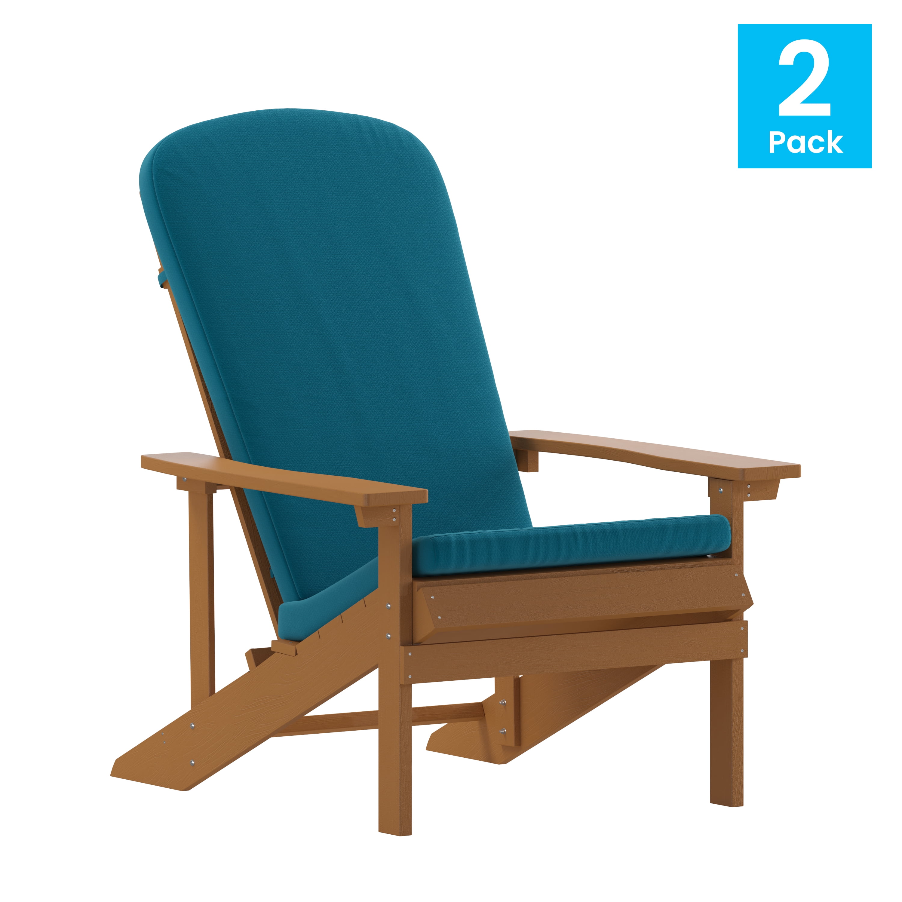 BizChair Set of 2 All-Weather Poly Resin Wood Adirondack Chairs in Teak with Teal Cushions for Deck, Porch, and Patio