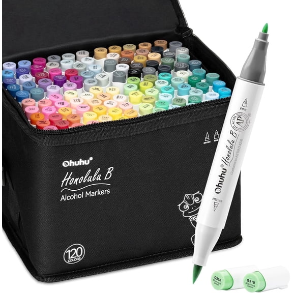Ohuhu Alcohol Markers Brush Tip -120 Colors Brush & Fine Double Tipped Art Marker Set-Honolulu B-Refillable-New Color Codes