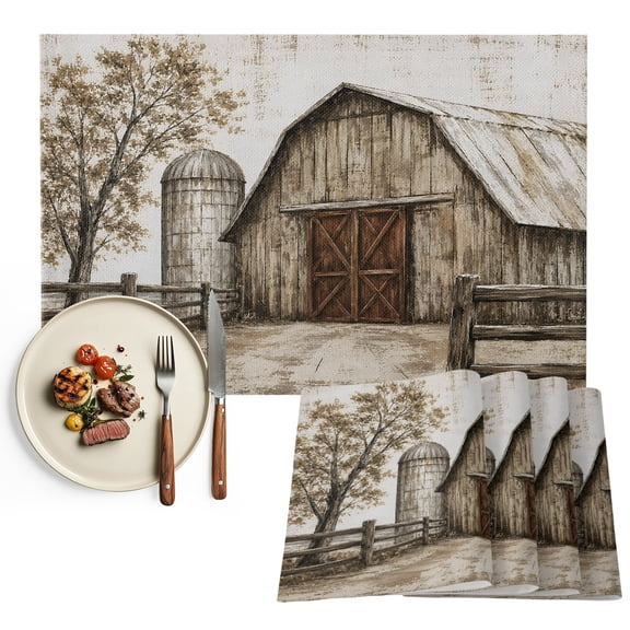 Farmhouse Wood Barn Placemats Set of 6, Vintage Country Rustic Farm Cabin Washable Wipeable Table Mats for Dining Tables, Indoor Outdoor Kitchen Place Mats for Holiday Party Table Decor