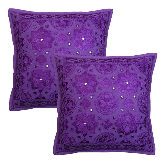 Stylo Culture Ethnic Chair Seat Throw Pillow Covers 16x16 Embroidered Purple Bohemian 40x40 cm Living Room Cotton Mirrored Square Cushion Covers | Set Of 2