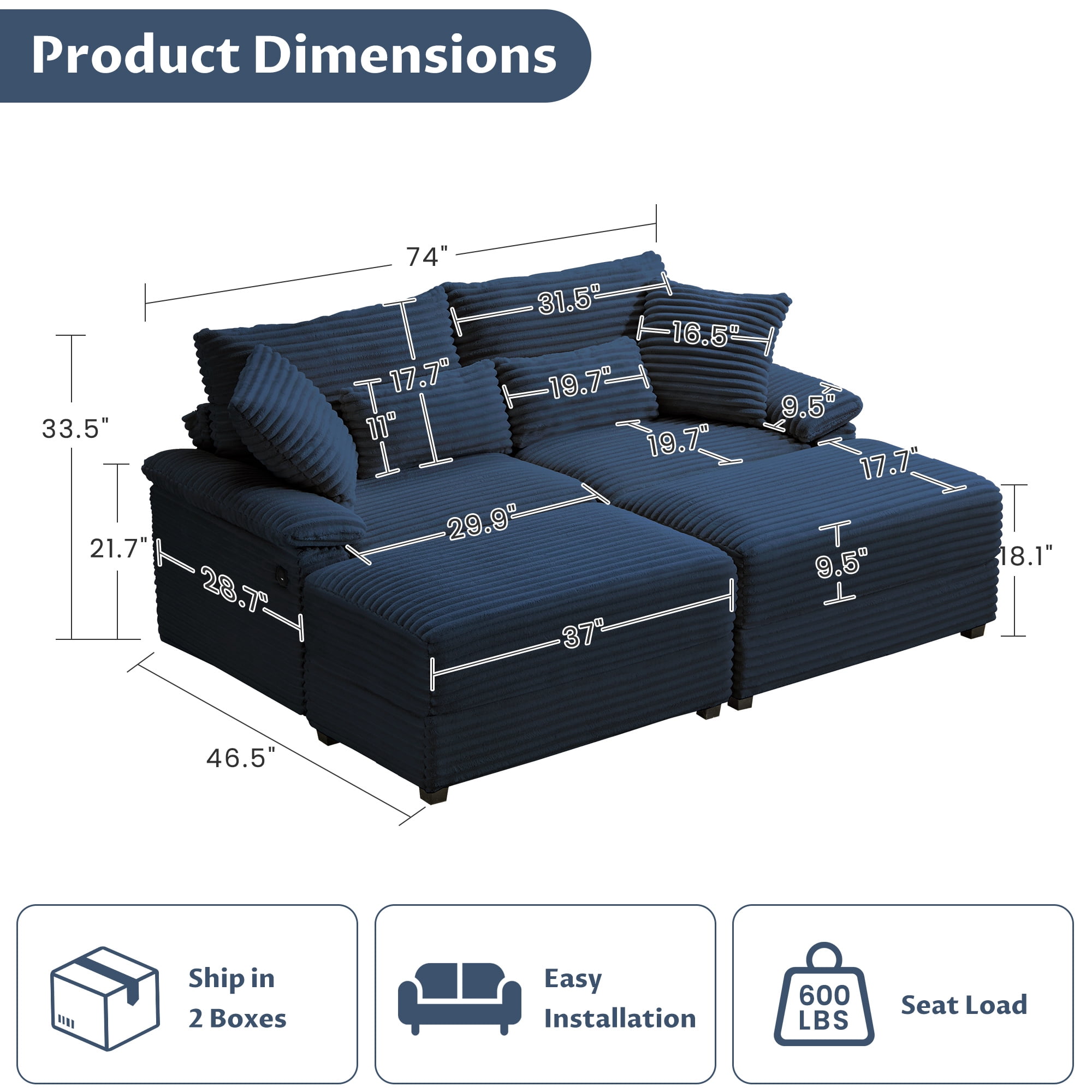 Alvantor 74" Sofa Loveseat with Reversible Ottoman & USB Port Corduroy Chaise Couch for Living Room Dark Blue