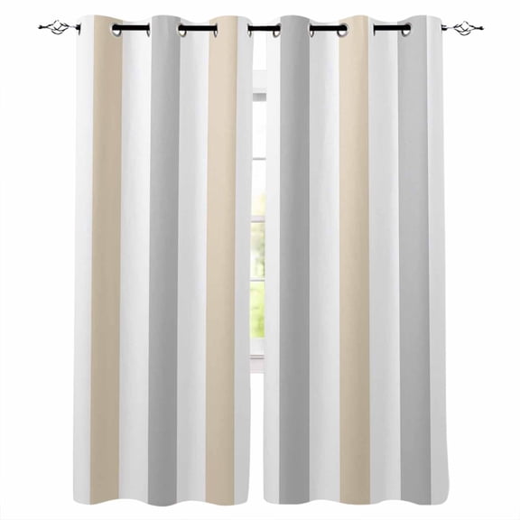 Beige Grey Striped Blackout Curtains 39 Inches Long for Bedroom, Minimalist Farmhouse Stripe Thermal Insulated Room Darkening Black Out Window Curtain Panels Grommet Drapes for Living Room