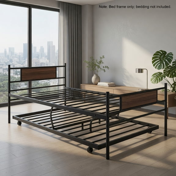 Demi Bonn Twin Size Metal Daybed with Trundle and Wood Grain Headboard, Modern Bed Frame for Teens, Black