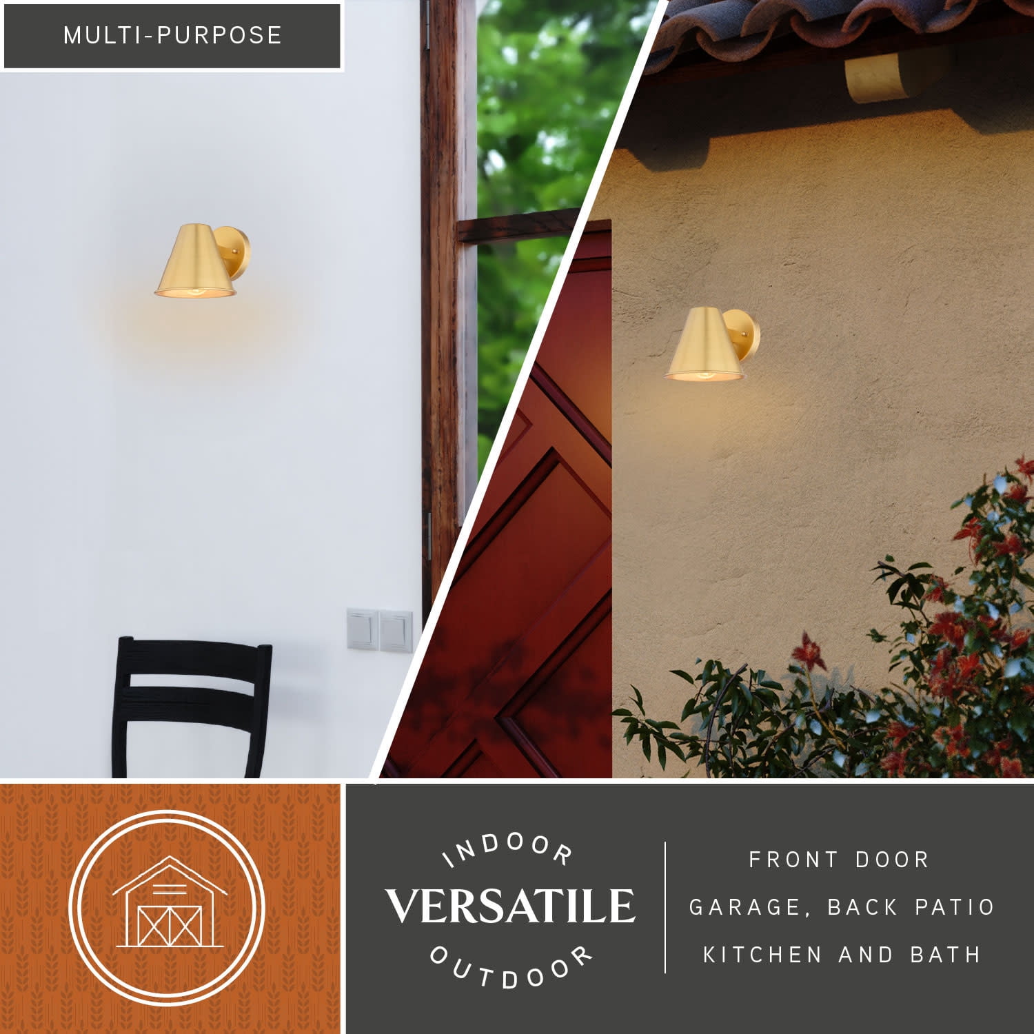 Smith 6.25 in. H 1-Light Gold Brass Modern Contemporary Indoor-Outdoor Wall Sconce with Metal Cone Shade, LED Compatible, Dark Sky Compliant, Use for Exterior Porch Patio Front Door or Garage