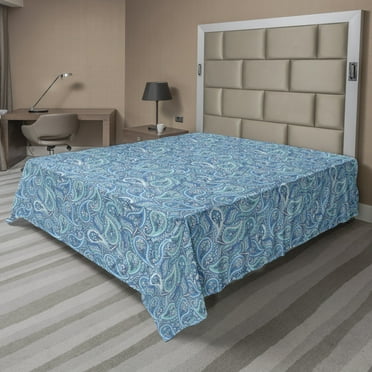 Paisley Flat Sheet, Continuous Pattern with Inspired Blue Tones Oriental Floral Ornate Graphic, Soft Comfortable Top Sheet Decorative Bedding 1 Piece, Queen Size, Aqua Blue, by Ambesonne