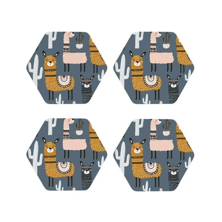 

Fuzoiu Llama and Cactus Print Leather Coasters Set Drink Coasters Set of 4 for Tabletop Protection Durable PVC Coasters Home Décor and Housewarming Gift-Hexagon