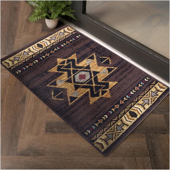 JERFIT Southwestern Area Rug 2x3 Feet, Brown Tribal Bohemian Design Non-Shedding Low Profile Accent Rug for High Traffic Areas, Polypropylene Indoor Mat for Entryway, Kitchen, Bedroom