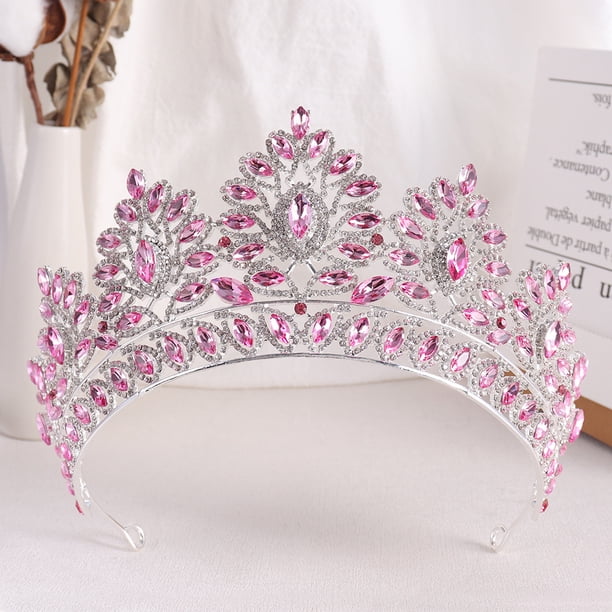Zhuge Tiara de boda para novia, diadema de princesa, corona de novia, joyería para el cabello con diamantes de imitación de cristal, decoración para novia, cumpleaños, graduación, boda (rosa oscuro)