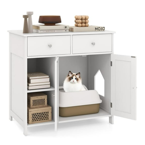 Resenkos Hidden Cat Washroom Side Cabinet Wooden Pet House with 2 Drawers-White
