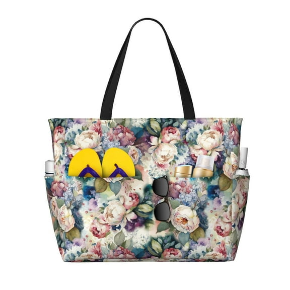 Pofeuu Rose Flowers Print Beach Bag,Waterproof Sandproof Beach Tote Bag, Large Capacity Foldable Beach Bags for Women