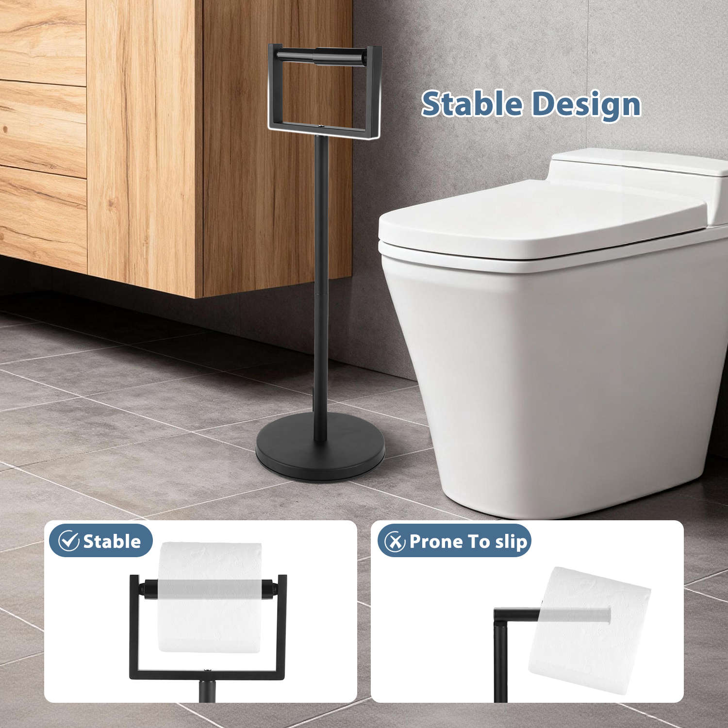 Yucurem Freestanding Toilet Paper Holder Stand, Weighted Base Floor Tissue Roll Shelf for Bathroom, Matte Black