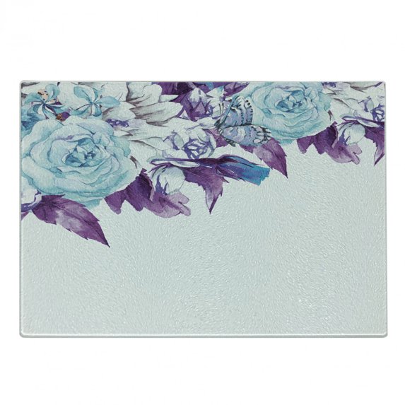 Floral Cutting Board, Vintage Classic Flower Petals Bridal Wedding Romance Shabby Form Design Art, Decorative Tempered Glass Cutting and Serving Board, Small Size, Pale Blue Purple, by Ambesonne