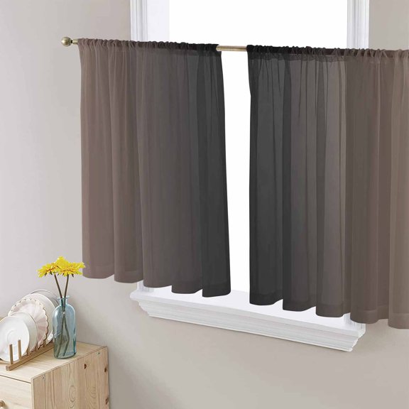 Brown Black Ombre Semi Sheer Curtains 45 Inch Length 2 Panels Set, Modern Gradient Abstract Art Sheer Kitchen Curtain Privacy Voile Window Curtain for Living Room Bedroom Rod Pocket Drapes