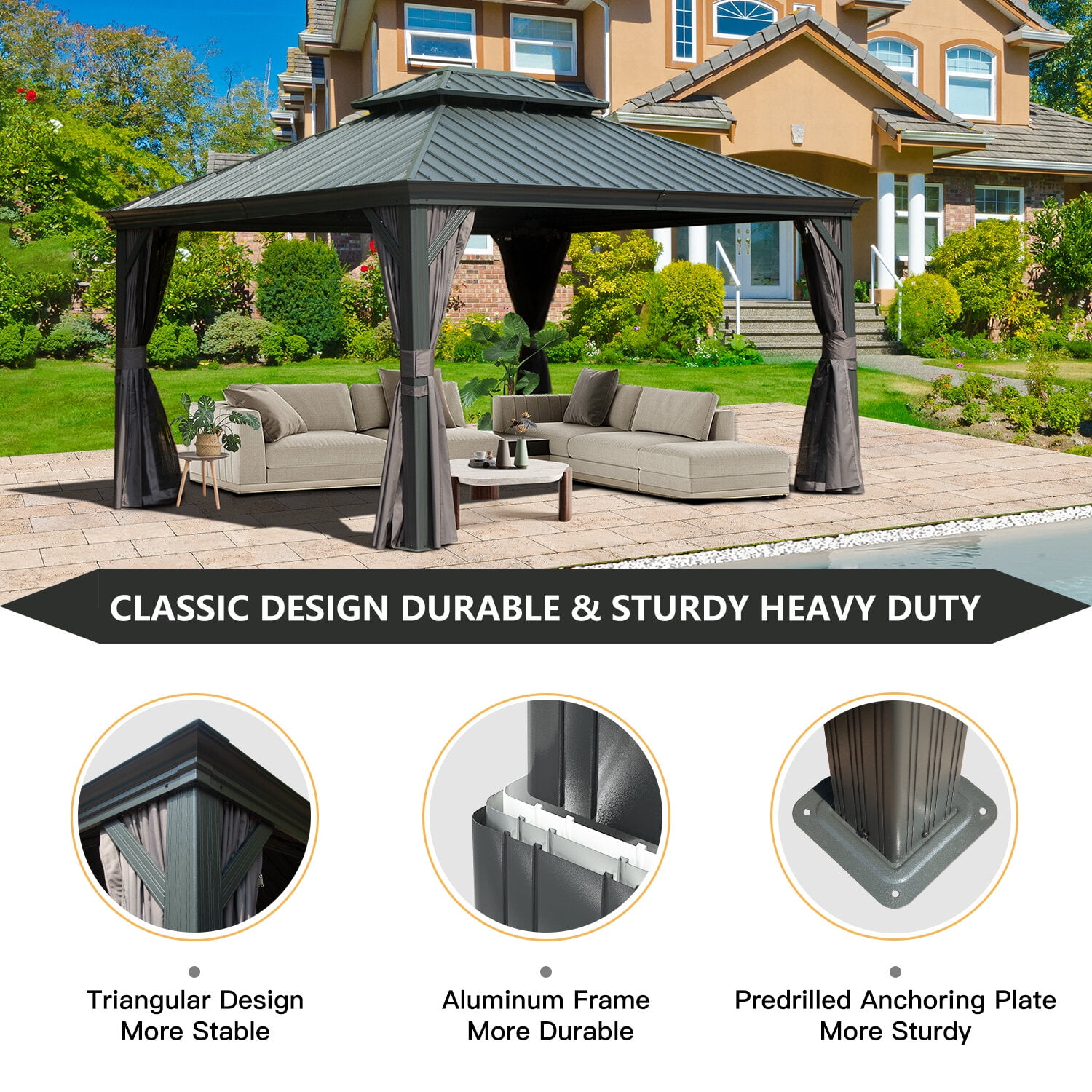 Patio Gazebos, 10' X 12' Hardtop Gazebo Outdoor Metal Gazebo with Galvanized Steel Double Roof Canopy, Aluminum Frame, Curtains and Netting for Patio, Deck, Garden, Grey, Grey Backyard Gazebos