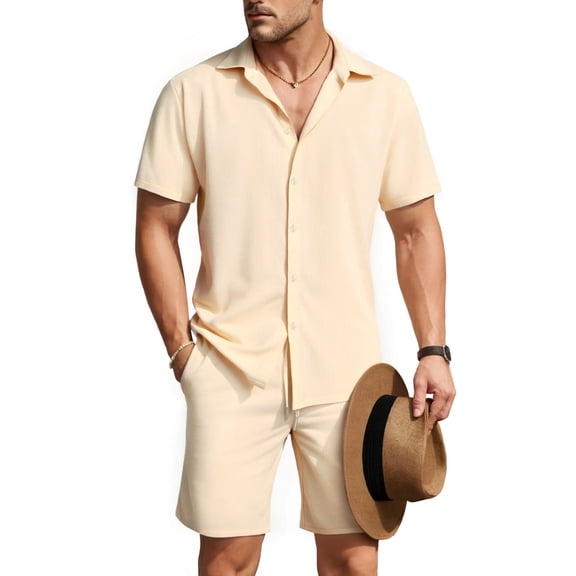 Men's 2-Piece Beige Summer Outfit - Casual Short Sleeve Button Down Shirt & Shorts Set for Beach & Vacation