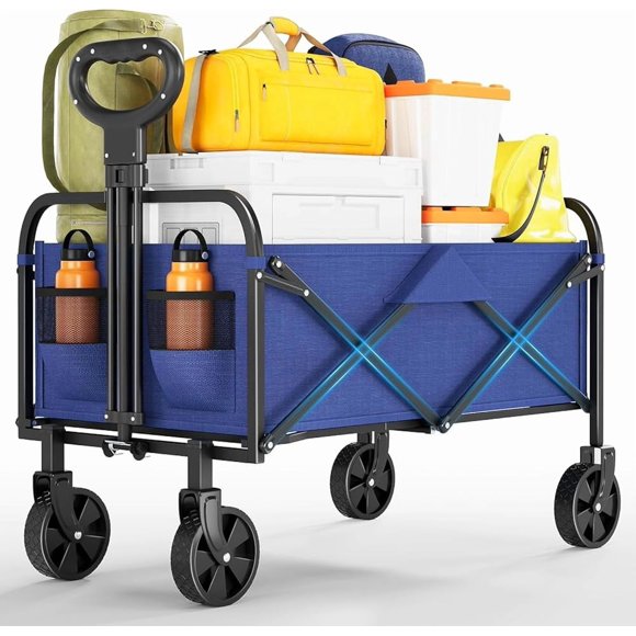 Bingirl Heavy Duty Collapsible Wagon Cart, 380Lb Capacity Foldable Utility Wagon with 5" All-Terrain Wheels & Drink Holders for Grocery Shopping, Beach Camping & Sports Events