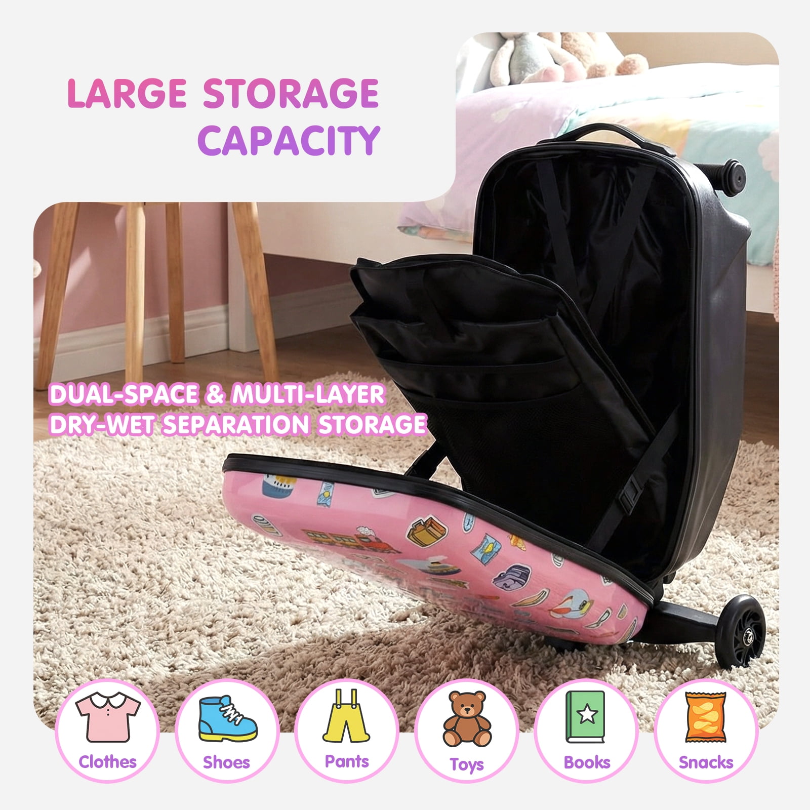 Advwin Kids Scooter Luggage with LED Wheels, 4-in-1 Detachable Foldable Ride-On Suitcase, Travel Sticker Design Hardside Carry-On Travel Luggage, Convertible Backpack, Pink