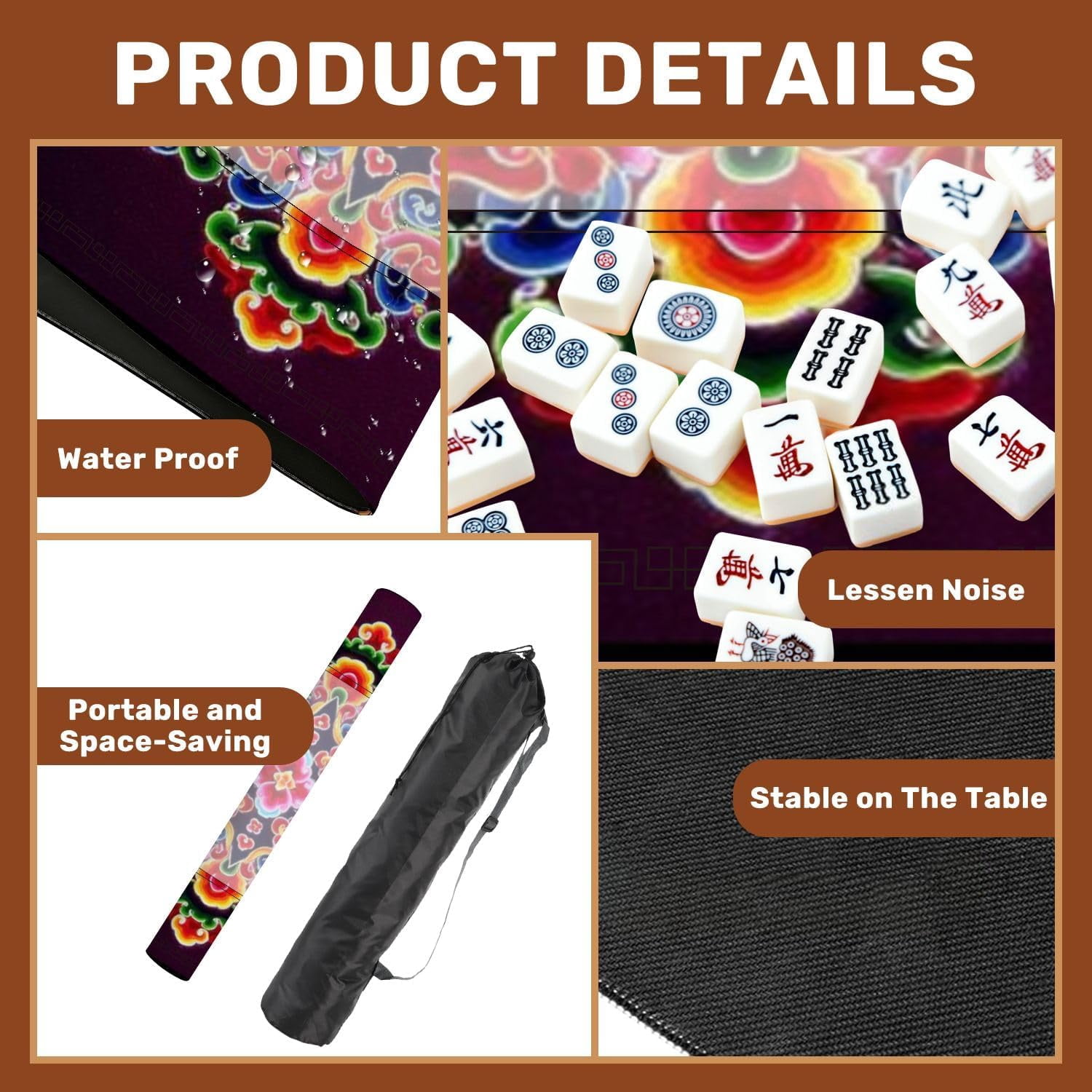 Mahjong Mat 31.5" x 31.5" Colorful Floral Mandala Design Intricate Swirls Bold Hues Non-Slip Noise Reduction Mahjong Tiles Table Cover for Dominoes Poker Card Board and Tile Games