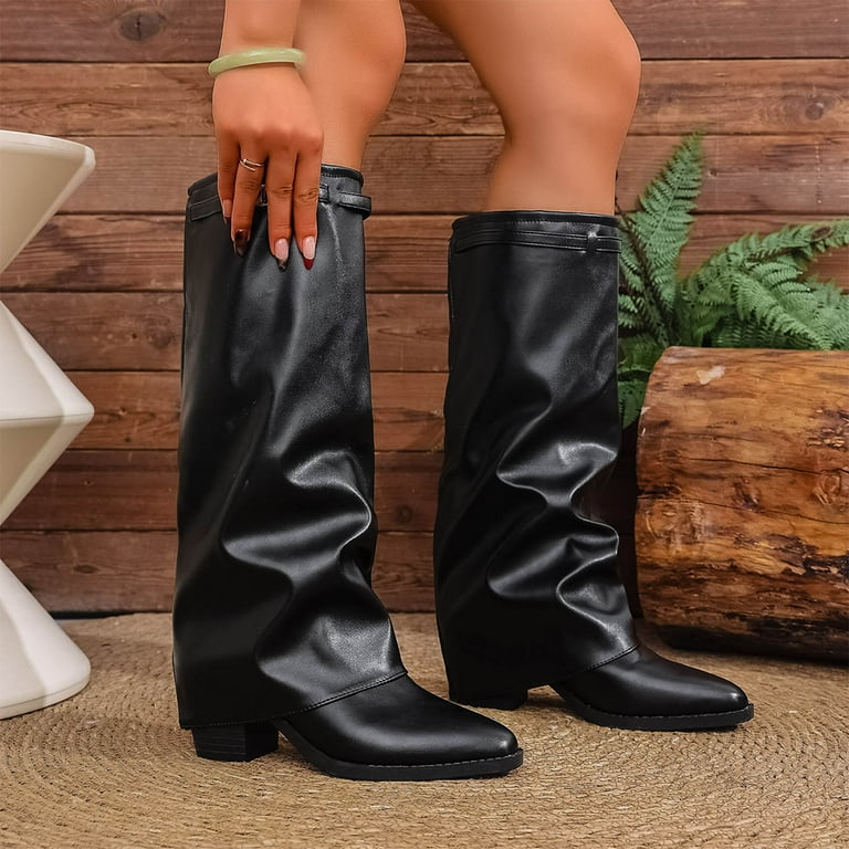 Leozcaa Slouched Fold Over Boots for Women Leather Knee High Boots