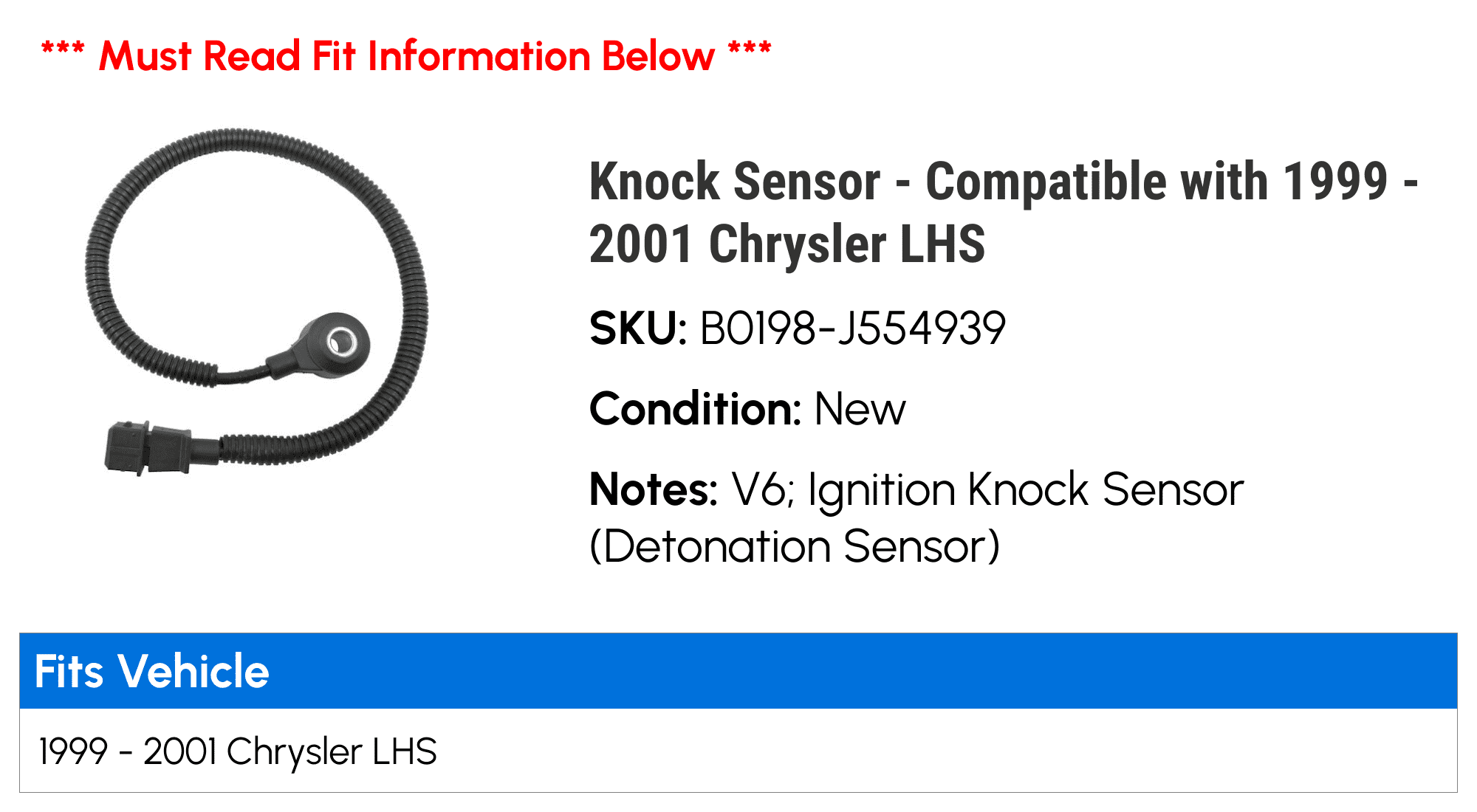 Knock Sensor - Compatible with 1999 - 2001 Chrysler LHS 2000