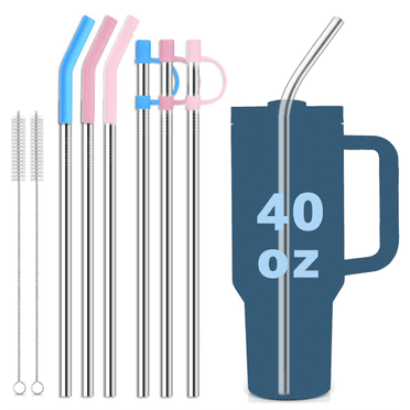 12-Inch Stainless Steel Straw with Silicone Tip Compatible with Stanley Adventure Quencher 40oz Tumbler 6-Pack w/ 2 Cleaning Brushes, Metal Straws Food Grade Set